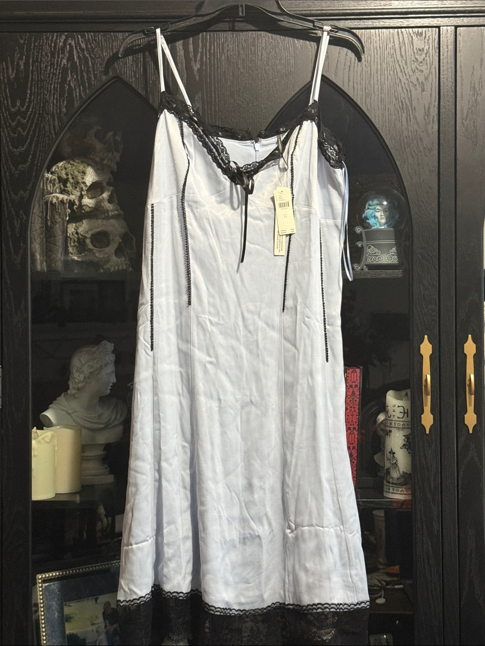Light Blue Slip Chemise Nightdress with Black Lace Trim